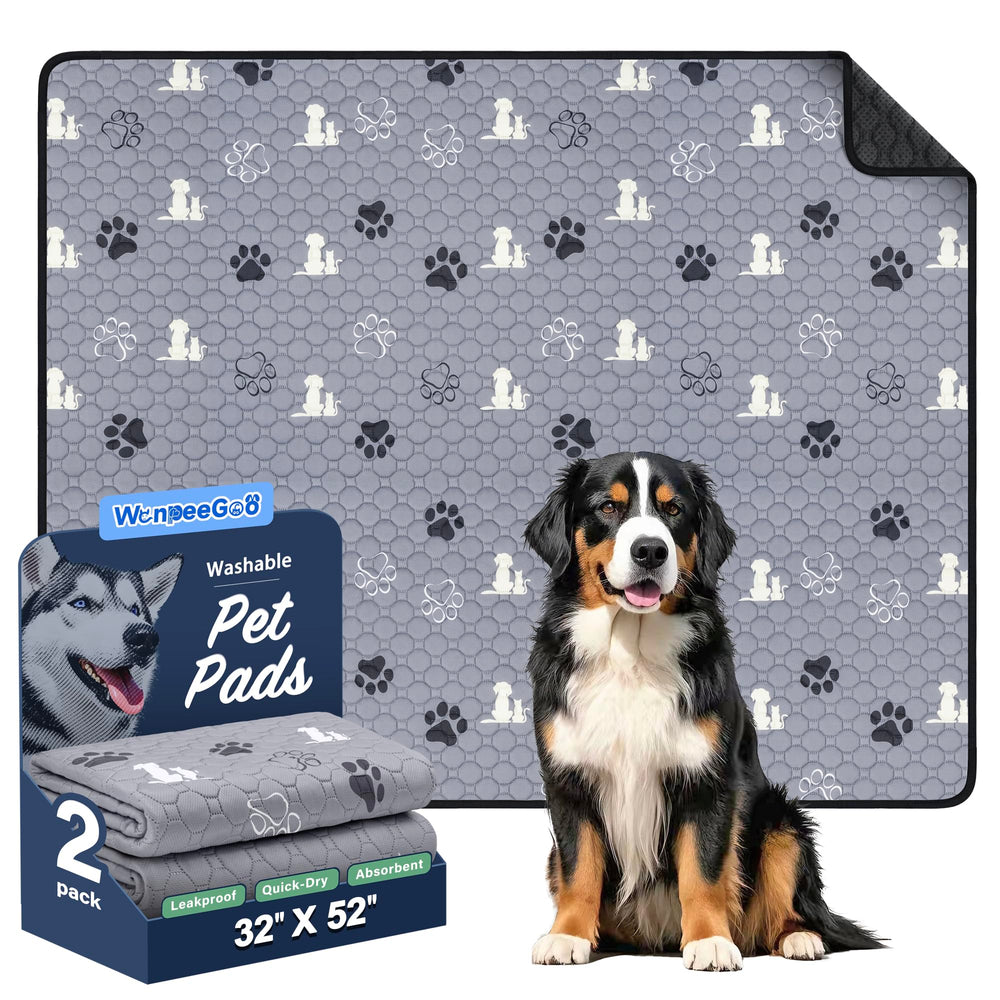 WanpeeGoo washable pee pads 2-pack on dog mat, ideal for training and floor protection.