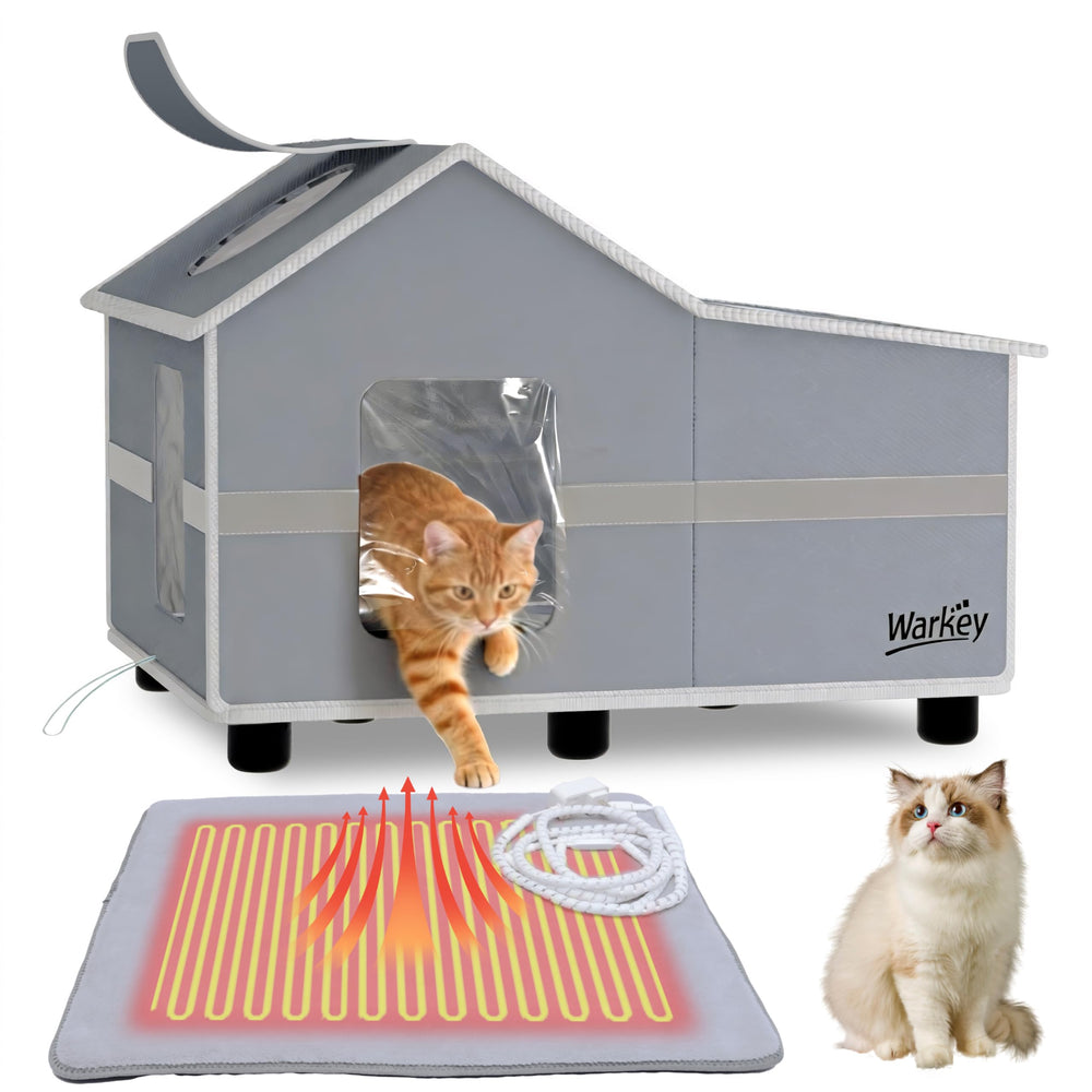 WARKEY heated cat house exterior view showing weatherproof shelter for outdoor cats and winter warmth