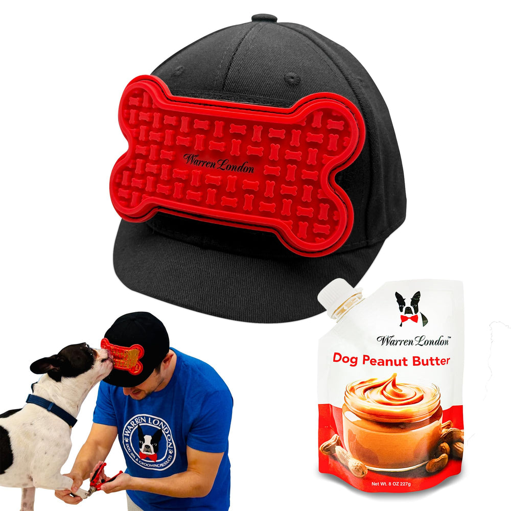 Warren London Distract-A-Hat on a dog helps keep grooming calm with a tasty distraction.