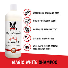 Warren London Magic White Dog Shampoo bottle being poured for a refreshing whitening wash