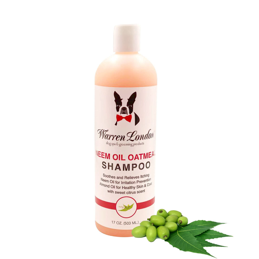 Warren London Neem Oil with Oatmeal Dog Shampoo bottle for deep cleansing and gentle coat care.