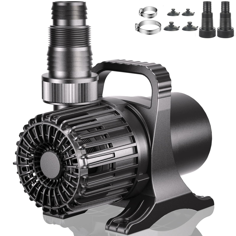 WaterRebirth PS-3200GPH pump close-up shows durable silicon carbide shaft for long-lasting performance.