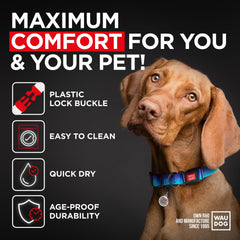WAUDOG nylon dog collar safety buckle highlighted for secure daily use.