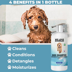 We Love Doodles Ocean Breeze after-bath shot shows soft, tangle-free fur with detangler benefits.