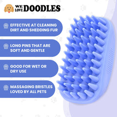 We Love Doodles bath brush demonstrates a soothing pet massage during bath time.