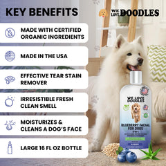 We Love Doodles blueberry-facial-dog-shampoo-packaging highlights coat whitening and brightening.