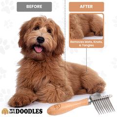 We Love Doodles dematting brush stainless-steel-blades glide through fur without pulling.