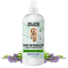 We Love Doodles detangler spray bottle close-up shows easy detangling.