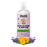 We Love Doodles lavender bottle dog cologne shows long-lasting fragrance after bath.