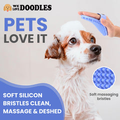 We Love Doodles dog brush facilitates even shampoo distribution and quick cleanup after baths