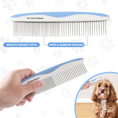 We Love Doodles ergonomic non-slip handle for comfortable grooming.