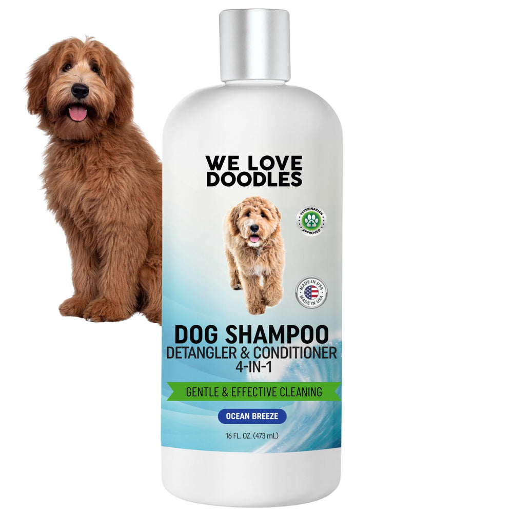 We Love Doodles Ocean Breeze shampoo bottle shows a gentle eco-friendly formula for sensitive skin.
