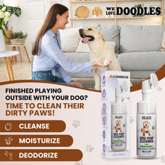 We Love Doodles moisturizing foam focuses on paw pad hydration after cleaning.