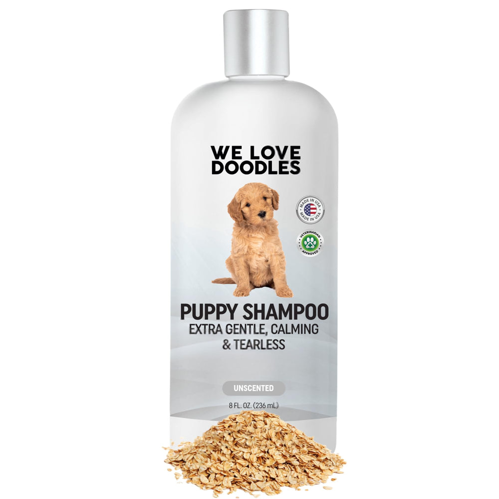 We Love Doodles puppy shampoo bottle highlights gentle cleansing for puppies.