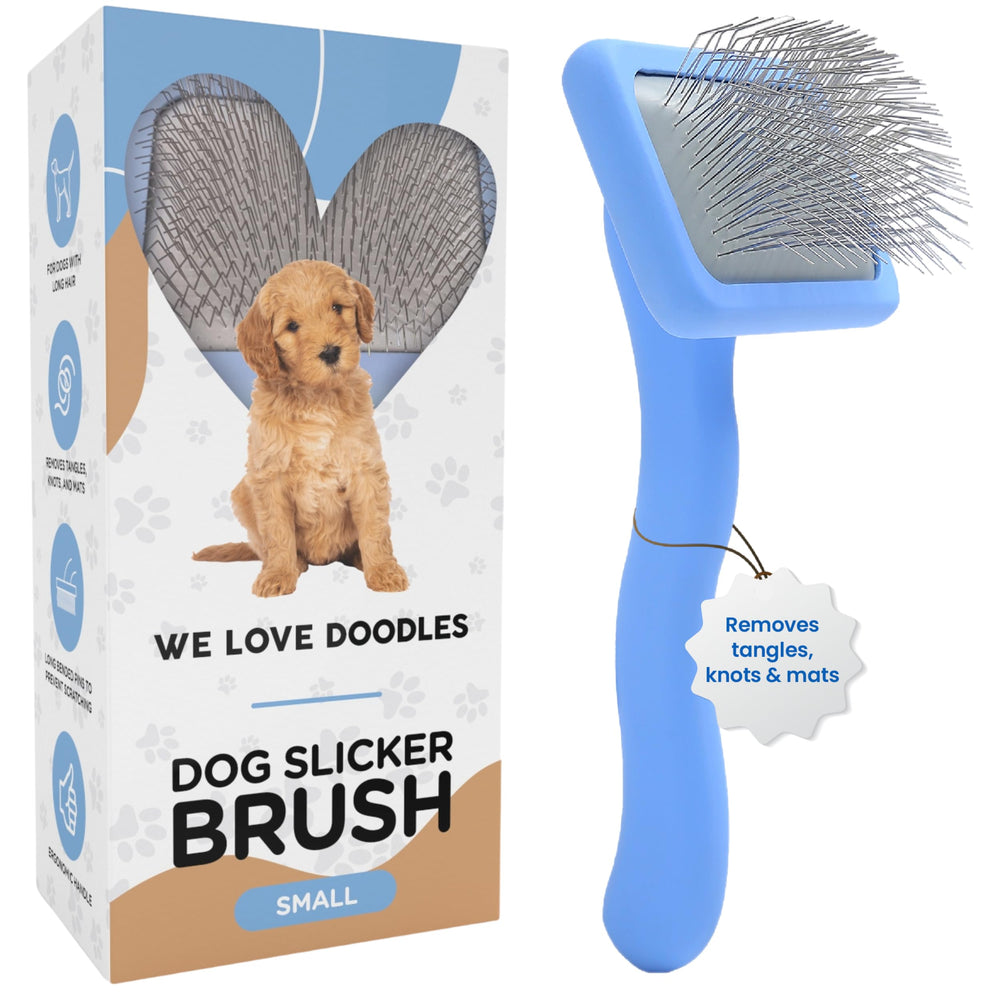 We Love Doodles slicker brush overview demonstrates detangling long coats for cleaner grooming.
