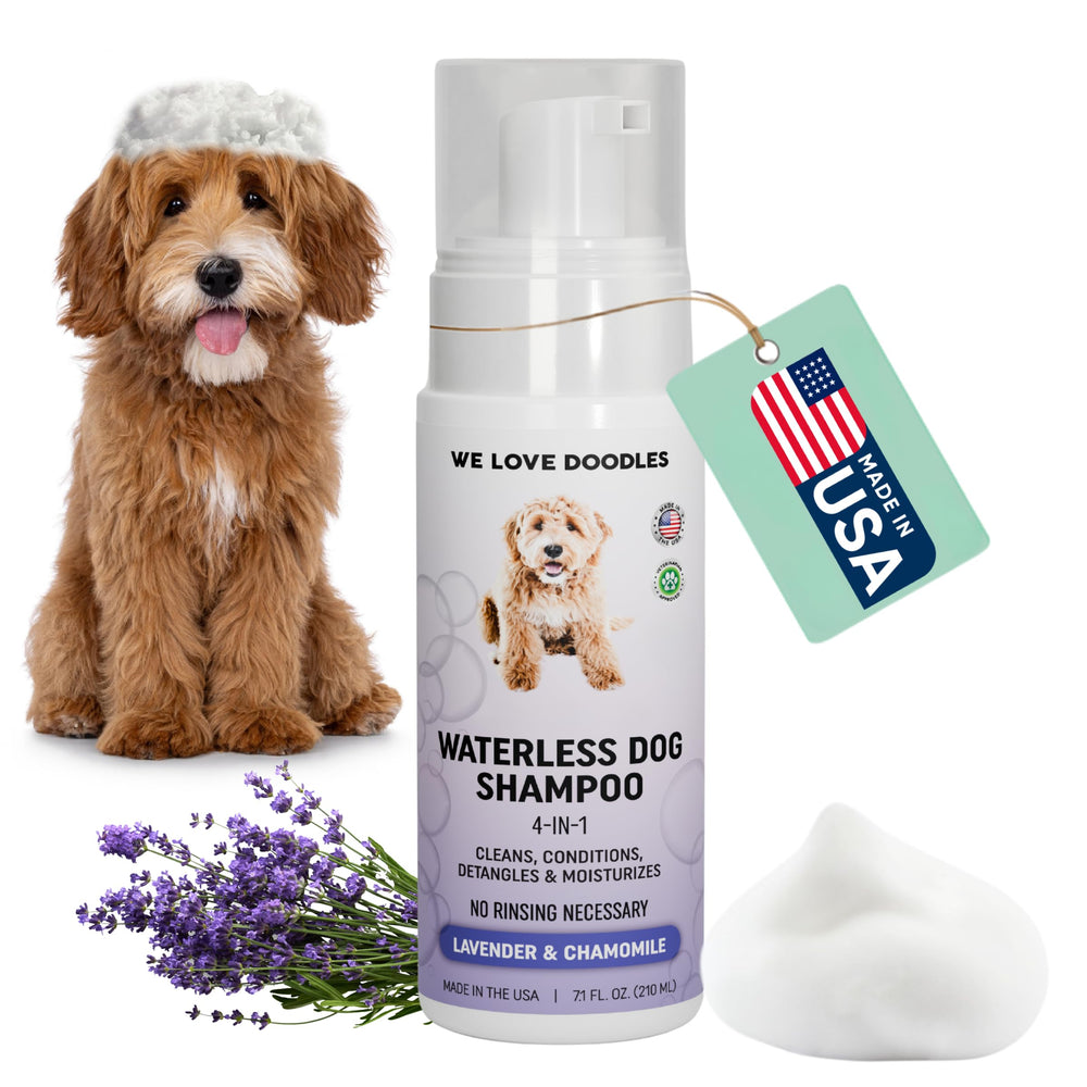 We Love Doodles waterless shampoo bottle shows no-rinse formula for quick refresh