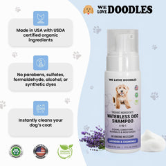 We Love Doodles waterless shampoo foam application for easy cleansing