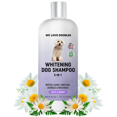 We Love Doodles whitening dog shampoo bottle demonstrates brighter white fur after a bath.