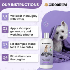 We Love Doodles shampoo image highlights stain and discoloration removal on white fur.