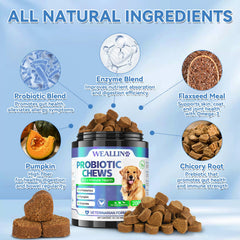 WEALLIN dog probiotics label close-up highlighting probiotic blend and enzymes