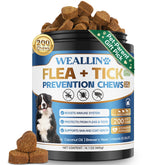 WEALLIN flea tick chews bottle shows natural dog protection for all breeds.