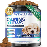 WEALLIN hemp calming chews for dogs packaging promotes easy calming during stressful events.