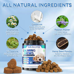 WEALLIN hemp oil melatonin chamomile ingredients image showcases natural calming components for dogs.