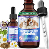 WEALLIN Melatonin for Dogs bottle closeup shows bacon flavor and calming potential.
