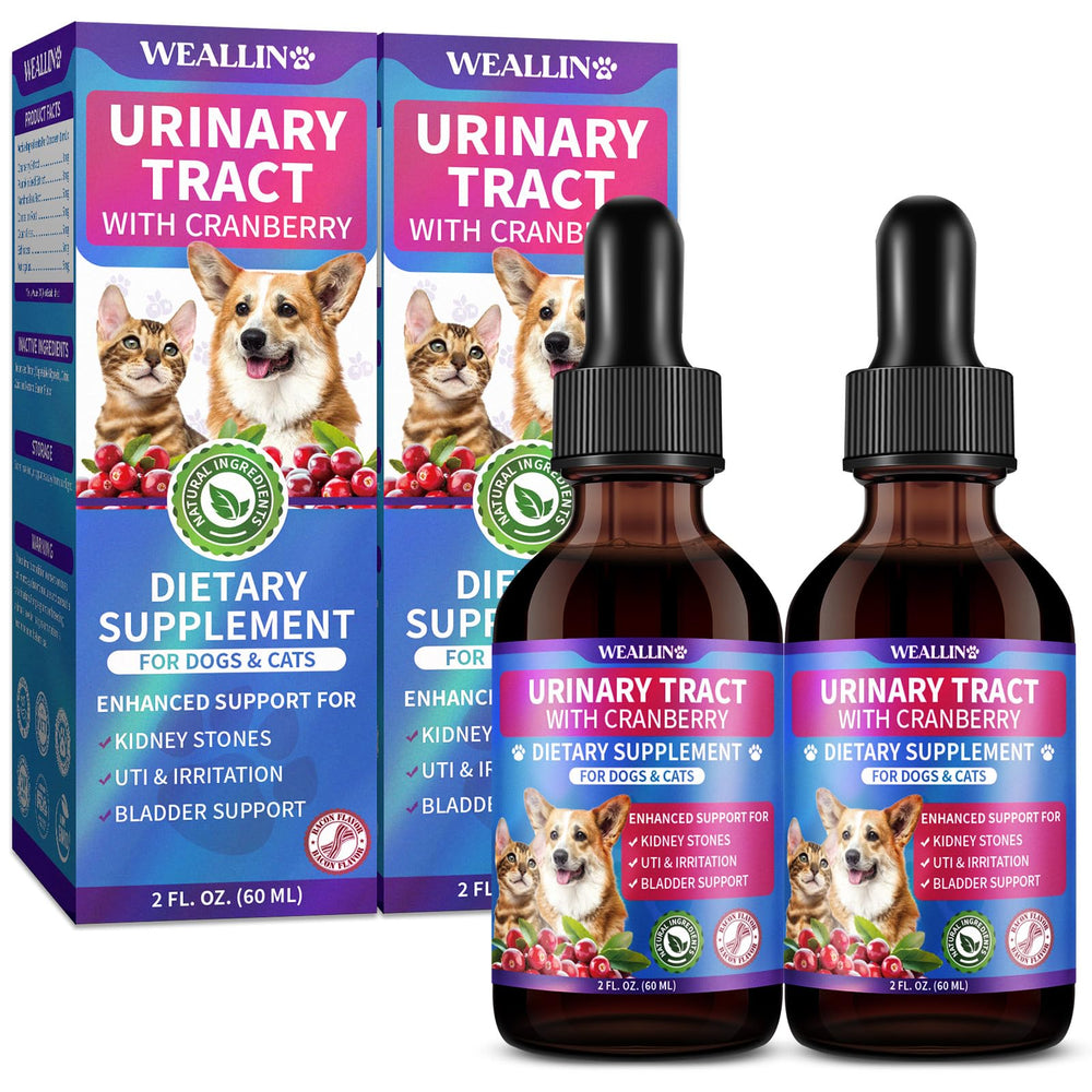 WEALLIN urinary-tract-support-drops-bottle shows easy dosing for cats and dogs, promoting urinary comfort.