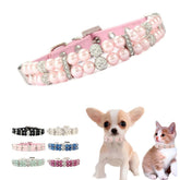 WeimoMonkey pink pearl collar closeup with rhinestones, ideal for stylish pet photos.