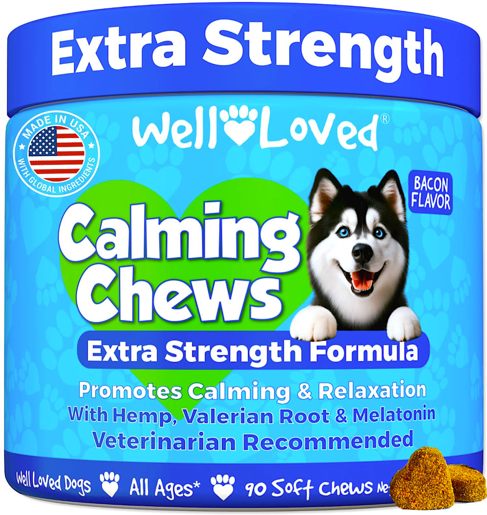 Well Loved Calming Chews dog bowl scene highlights bacon flavor and calming support.