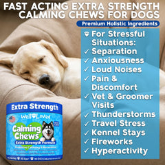 Well Loved Calming Chews dog treats jar closeup shows USA made vet recommended calming.