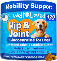 Well Loved glucosamine dogs bottle shows USA-made joint support in tasty chews.
