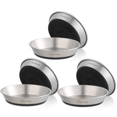 Wellbro cat bowls 6-pack stainless steel dishes arranged together for convenient feeding.