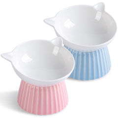 Wellbro ceramic raised cat bowl front view shows ergonomic height for easier feeding.