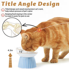 Wellbro ceramic raised cat bowl side view displays raised design reducing neck strain.