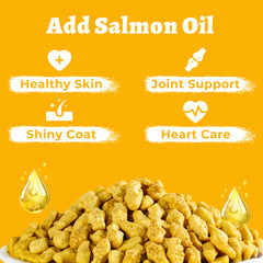 Wellix cat treats salmon-oil-flavor-closeup emphasizes glossy oil and dental health benefits.