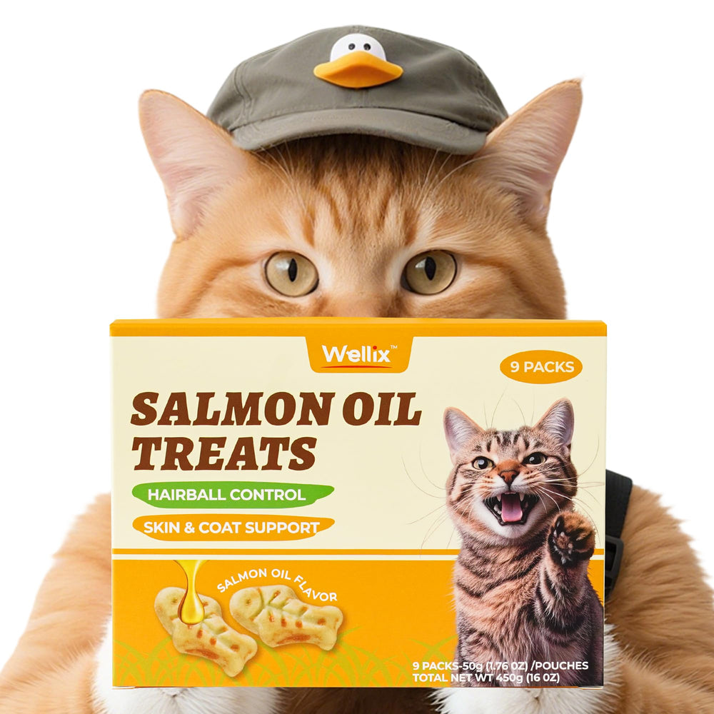 Wellix cat treats salmon oil packaging highlights hairball control and digestive support.