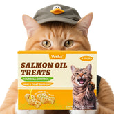 Wellix cat treats salmon oil packaging highlights hairball control and digestive support.