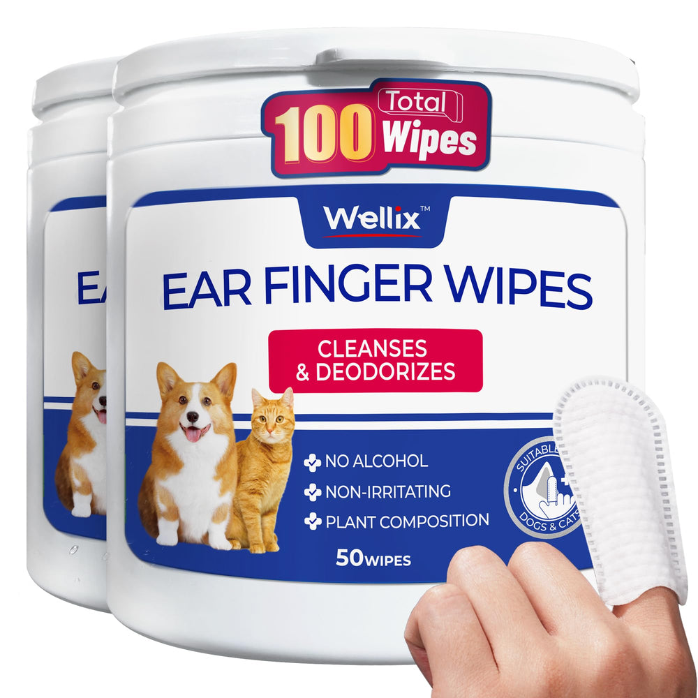 Wellix Pet Ear Cleaner Wipes packaging front highlights a 2-pack bundle for multi-pet homes