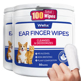 Wellix Pet Ear Cleaner Wipes packaging front highlights a 2-pack bundle for multi-pet homes