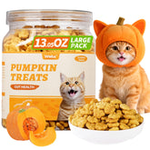 Wellix pumpkin cat treats bowl closeup shows texture and pumpkin fiber benefits.