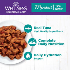 Wellness Complete Health minced tuna entree grain-free-formula highlights a moisture-rich meal for daily hydration.