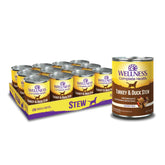 Wellness Complete Health turkey-duck stew cans close-up shows chunky meat for balanced meals