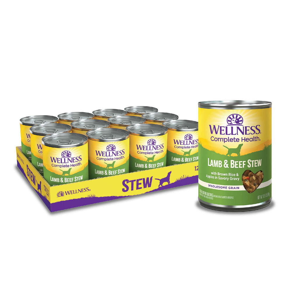 Wellness Complete Health wet dog food pack of 12 cans shows convenient feeding option