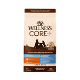 Wellness CORE+ Hairball kibble close-up shows grain-free protein for digestion.