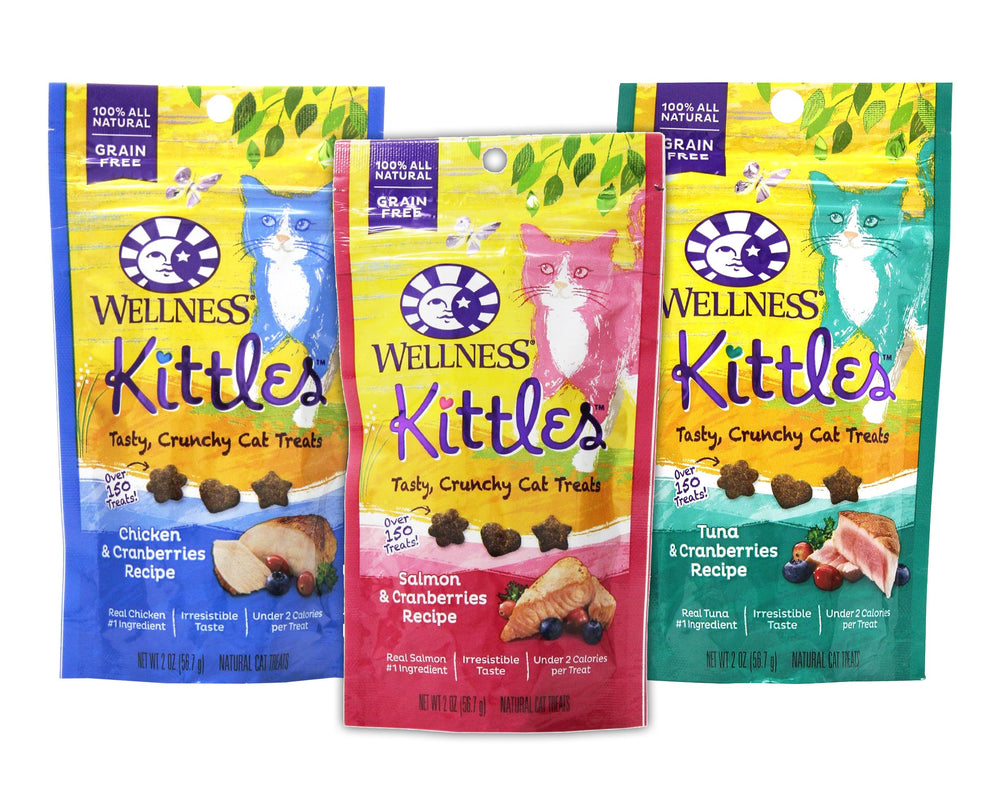 Wellness Kittles cat treats variety pack on display for exploring three natural flavors.