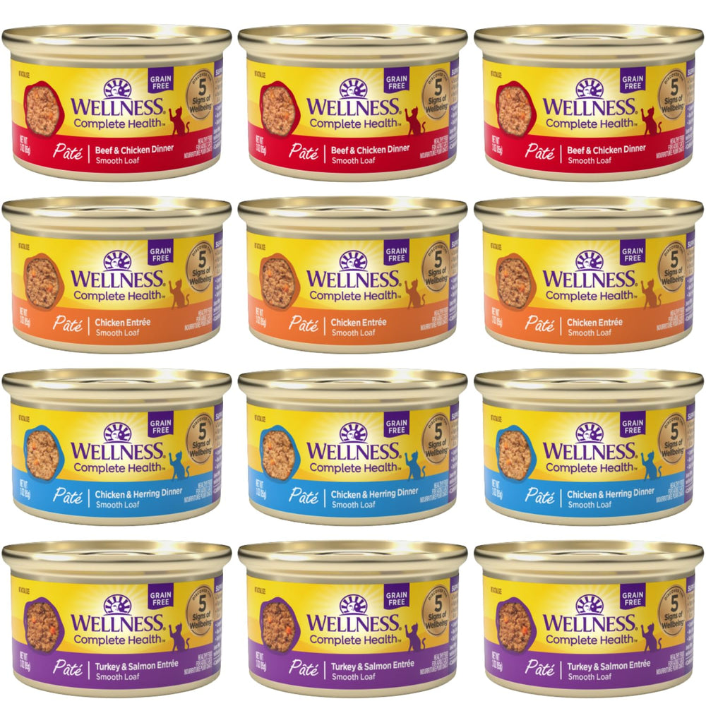 Wellness Natural Cat Pate 12-pack variety box for convenient balanced meals.
