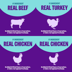 Wellness salmon & turkey pâté cans with omega fatty acids for skin and coat health.