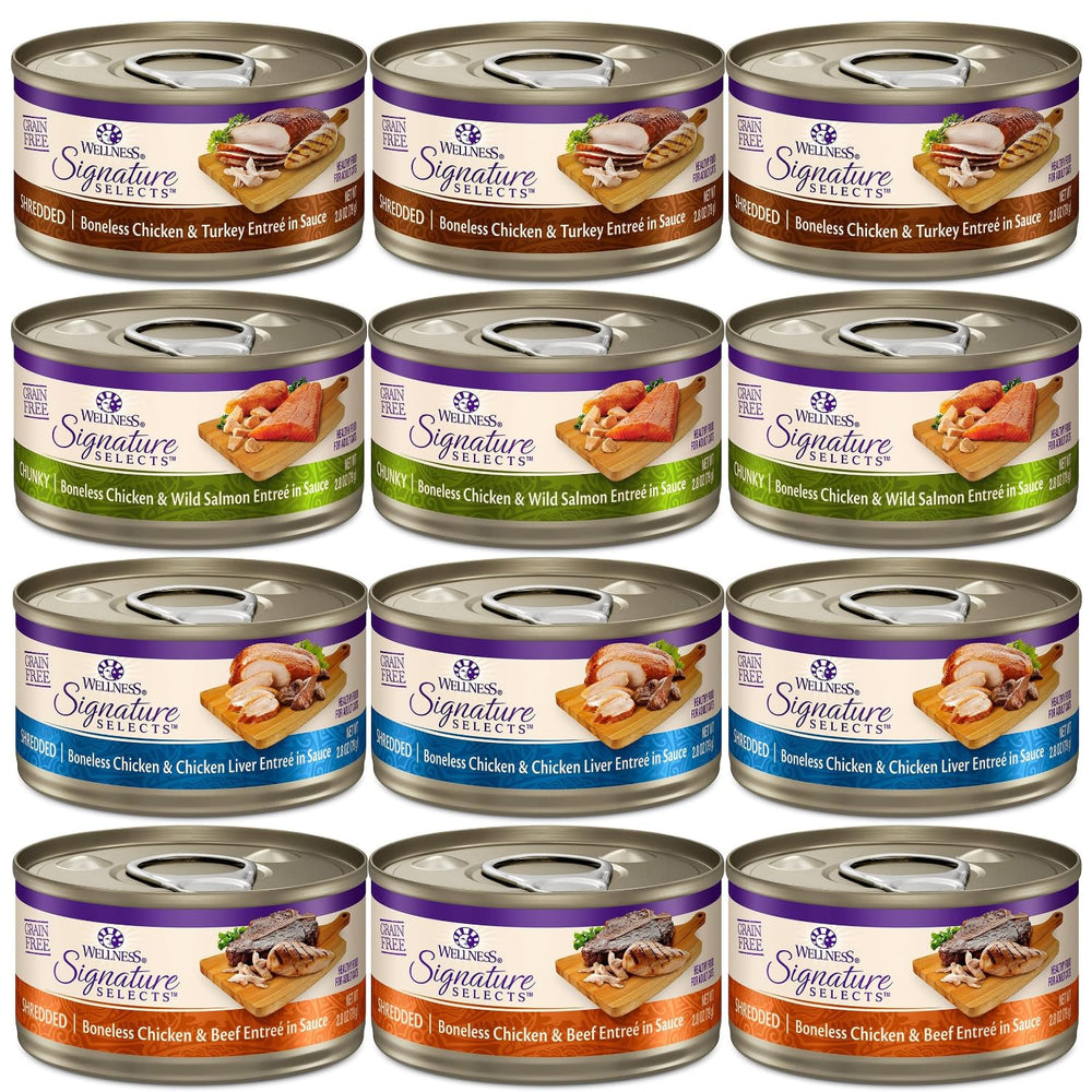 Wellness Signature grain-free wet cat food variety pack labels highlight ingredients and no grains